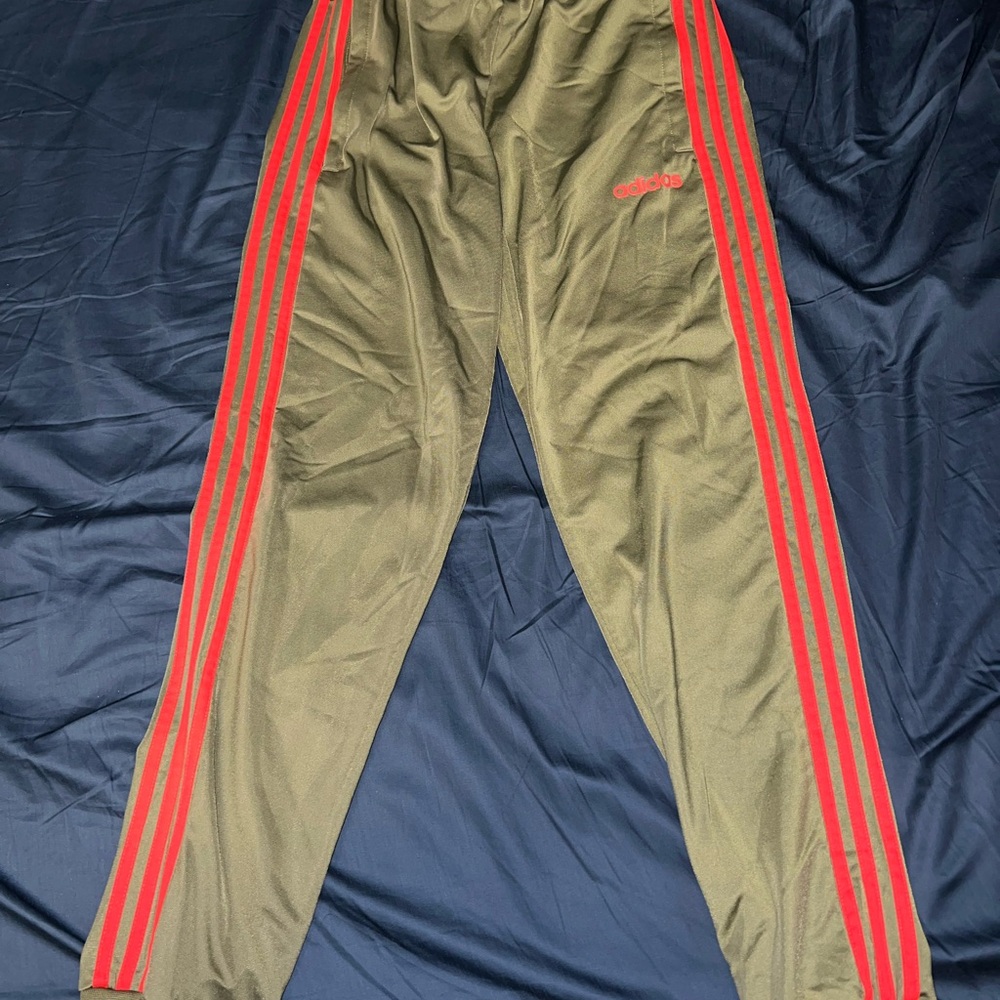 Adidas Olive Green Joggers with Red Stripes